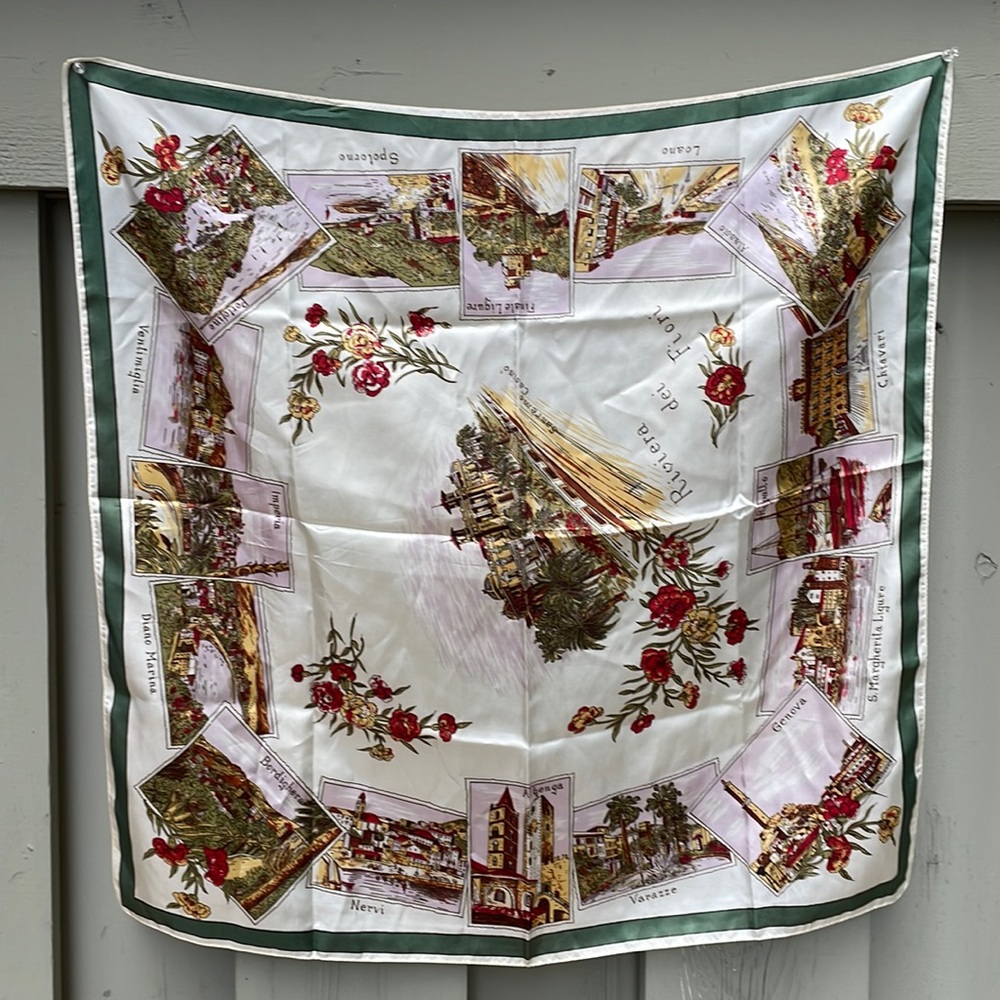 Italian Riviera Inspired Scarf 26x26 Square Cream Green Gold Red Pallet VINTAGE